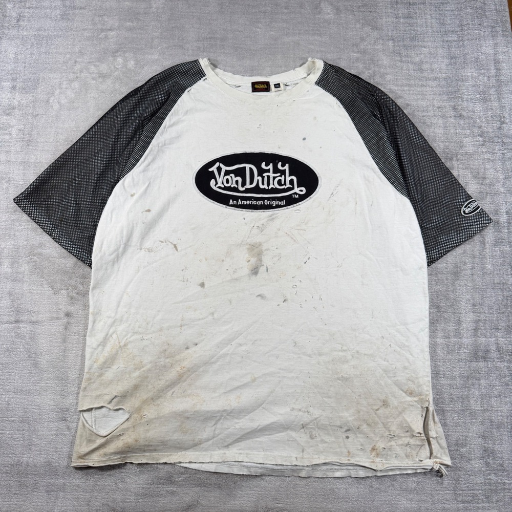 Von Dutch Shirt Mens 2XL White Raglan Mesh Sleeve Distressed Y2K Skater Grunge